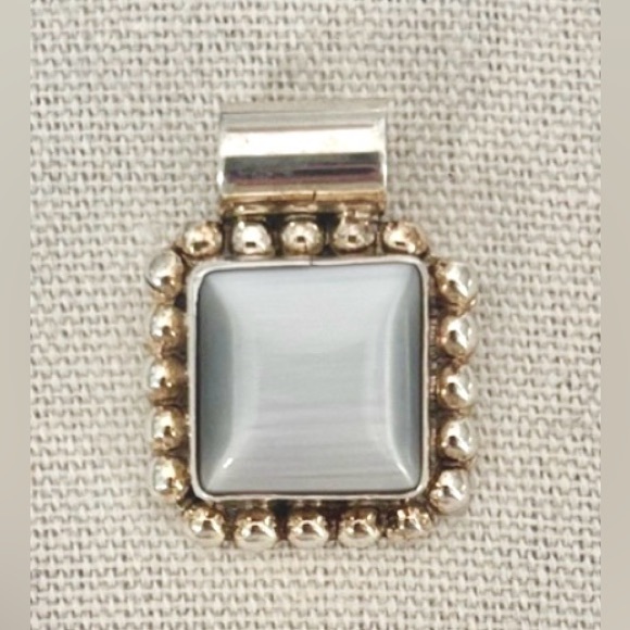 Mexico Jewelry - VTG Mexico .925 Sterling Silver Grayish Gem Square Beaded Edge Slider Pendant